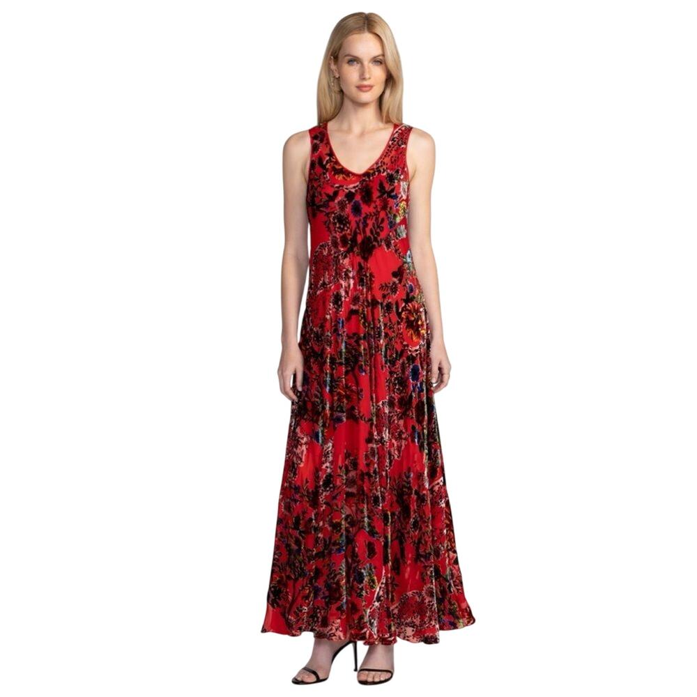 Johnny Was BIAS Bobcat Forest Floral Maxi Silk Blend Red DRESS Size XS - Picture 5 of 6